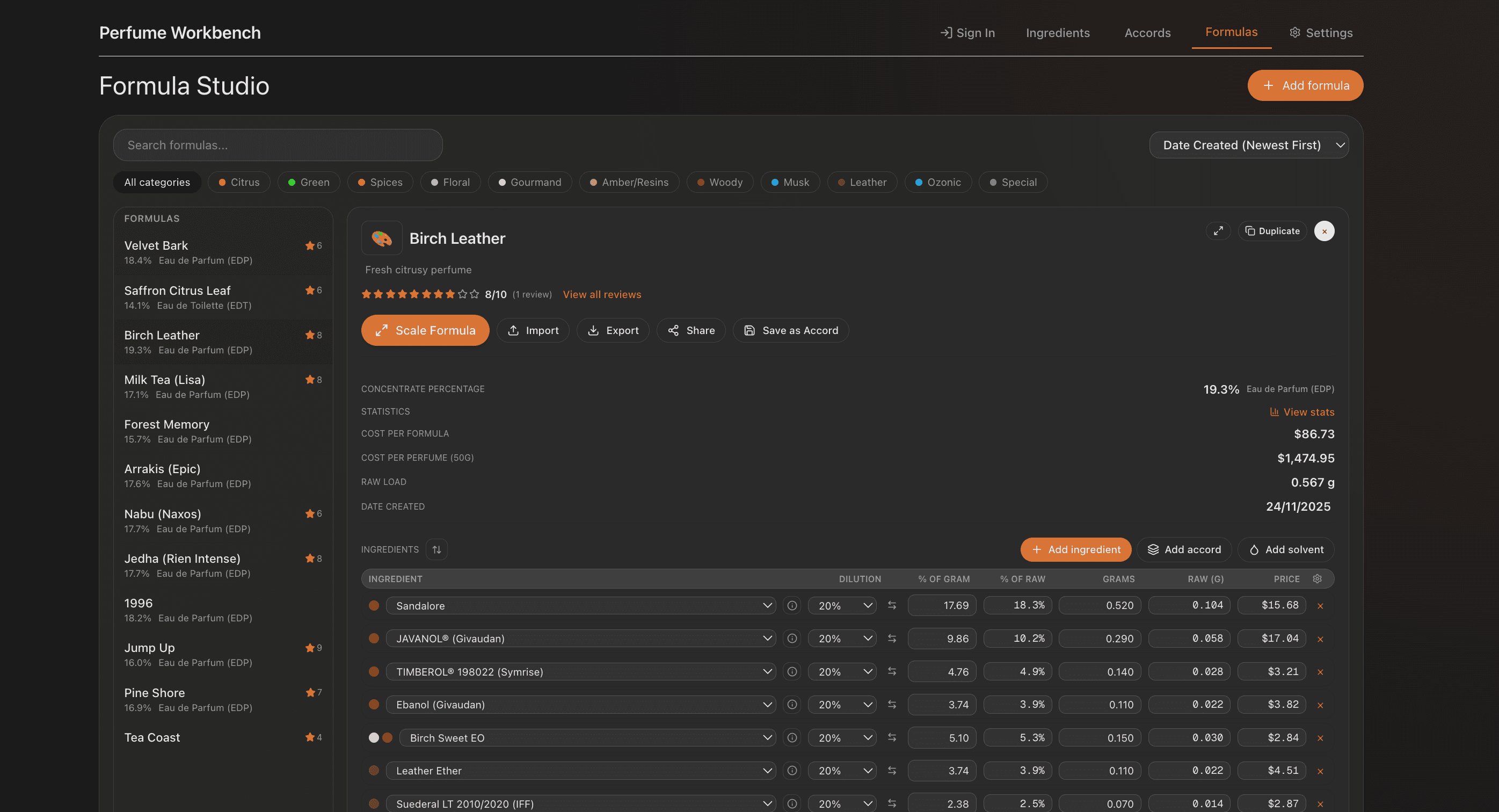 Customization feature in Perfume Workbench - Theme switching, currencies, and user-defined categories.